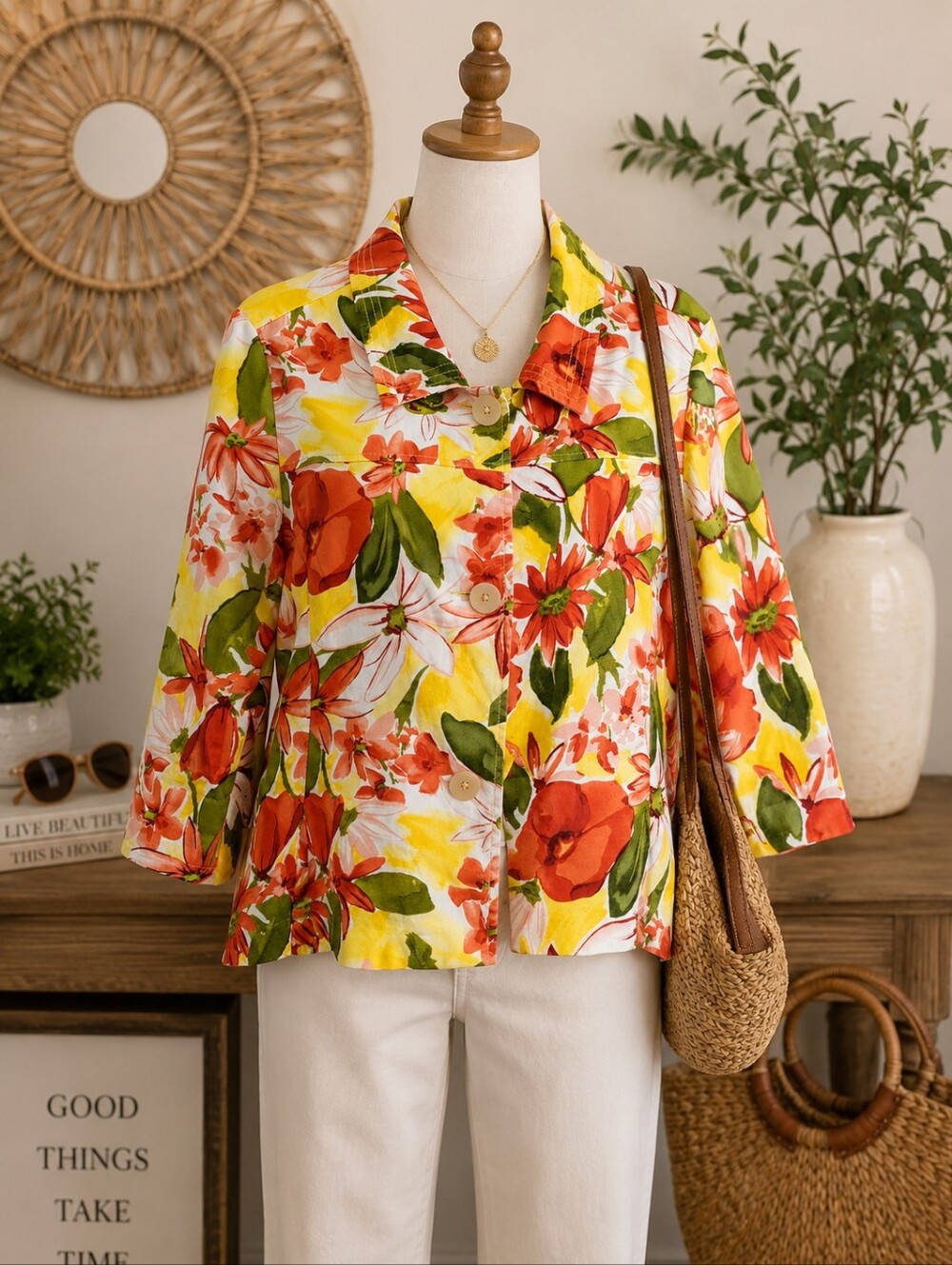 Erin London XL Bright Floral Cotton Jacket 3/4 Sleeve